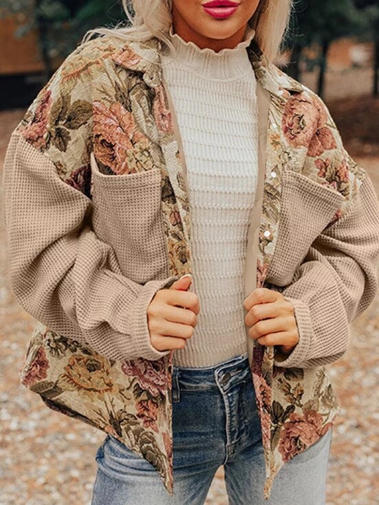 Jackets & Blazers - Floral Waffle Knit Patchwork Chest Pockets Buttoned Jacket